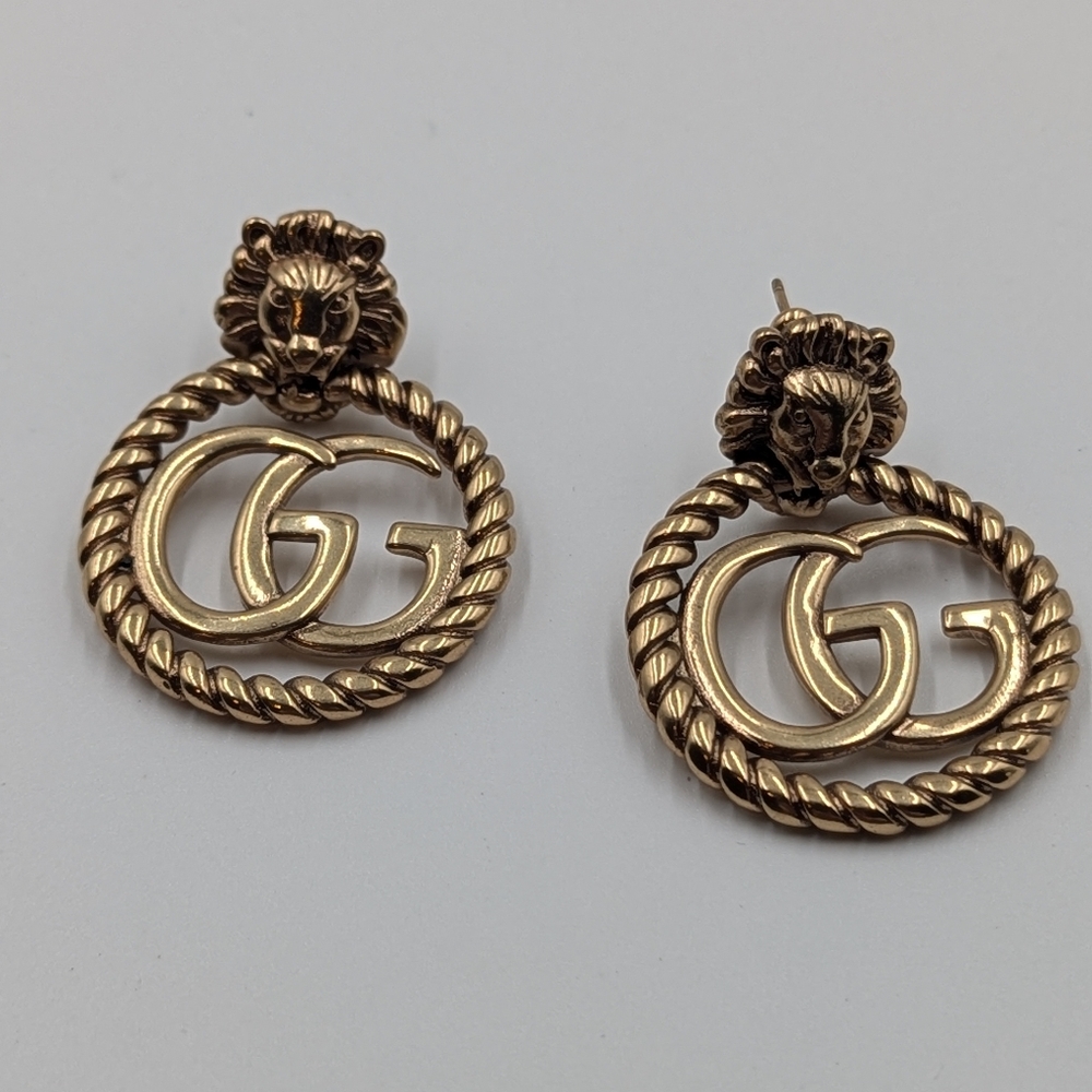 Authentic Gucci Lion Head GG Drop Earrings